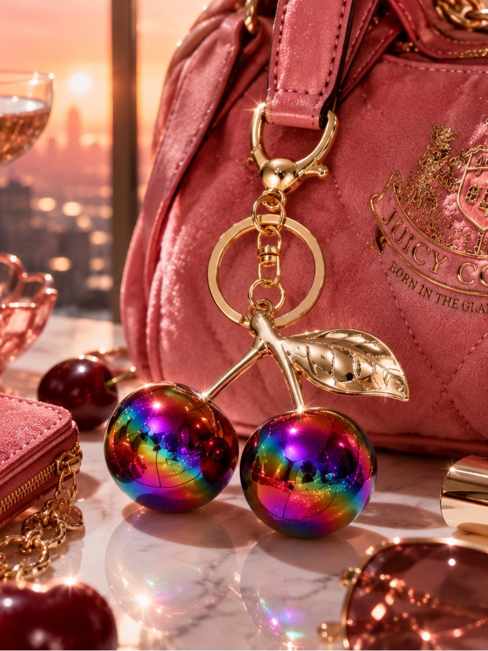 🍒 Large Rainbow Iridescent Cherry Keychain with Gold Hardware